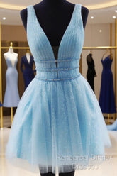 Shiny V Neck Short Blue/Yellow Semi Formal Prom Dressses, Short Blue/Yellow V Neck Fomal Homecoming Graduation Dresses